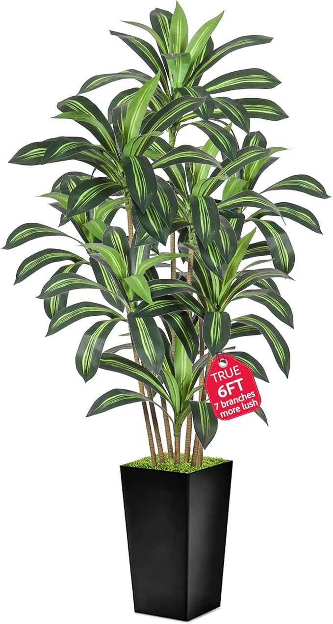 Realistic Artificial Indoor Plant Tree - Tall Fake Dracaena Potted Plant for Home Office Decor, Living Room & Bedroom - Lifelike Faux Plant Tree with Pot-Palm Tree (Black, 6FT)