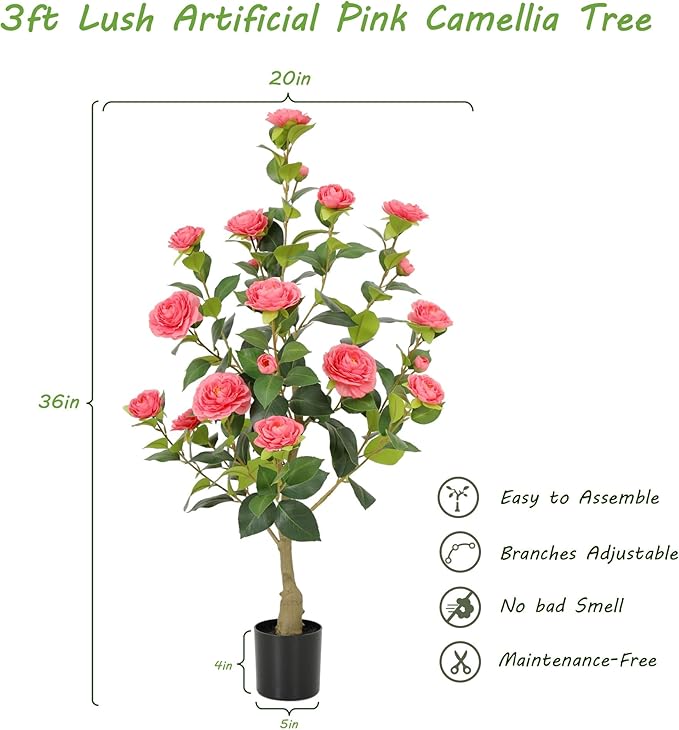 Nafresh 3FT Lush Artificial Pink Camellia Tree Outdoor 2 Pack, 36inch Faux Camellia Plant, Fake Camellia Flowers Tree for Indoor Outdoor Living Room Home Patio Front Door Garden Decor