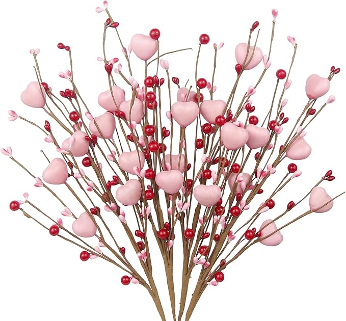 4 Pcs Artificial Flowers Berry Stems Valentine’s Day Picks Artificial Berry Flower Stems with Pink Hearts Valentine Floral Picks for Table Centerpiece Anniversary Wedding
