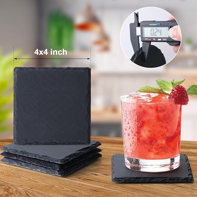 Slate Coasters Set of 72,4-Inch Black Square Stone Drink Coasters with Scratch-Resistant Backing,Durable Tabletop Protection for Home Office Kitchen,Ideal Housewarming Wedding Gifts