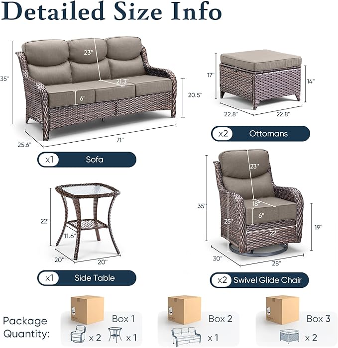 Belord Luxury 6" Thick Cushioned 6 Pieces Patio Furniture Set with Outdoor Couch, Wicker Outdoor Conversation Set with High Back Swivel Rocker Chairs for Deck Porch Yard and Poolside - Brown+Grey