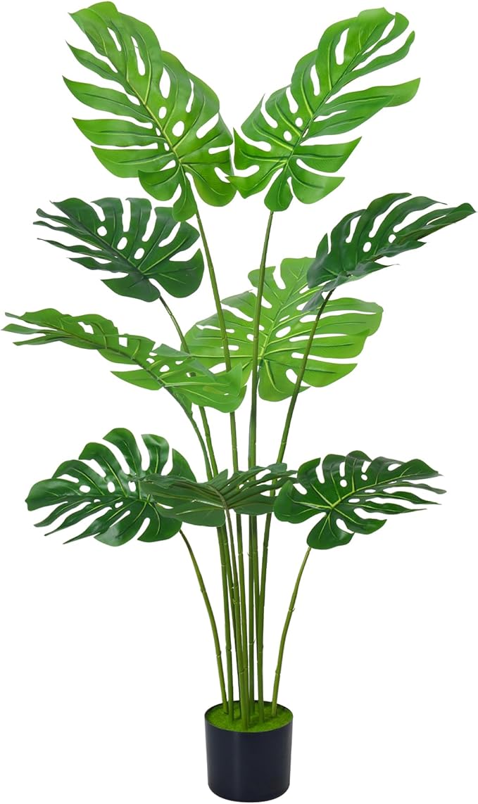 4FT Artificial Tree, Large Fake Monstera Deliciosa Plants with Real Touch Leaves,Faux Tropical Palm Trees for Home Room Decor Indoor Outdoor(1Pack)