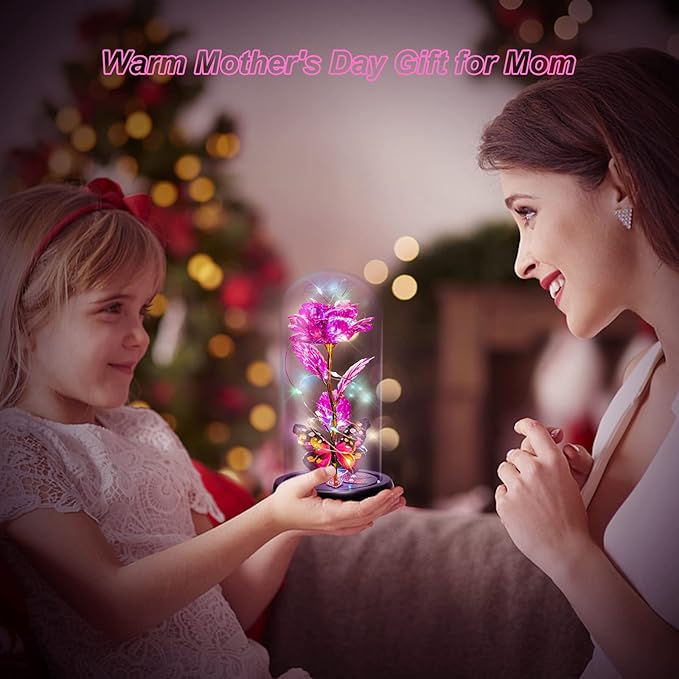 Valentines Day Rose Gifts for Her Women Birthday Gift Galaxy Glass Rose in Glass Dome Forever Eternal Crystal Flowers with Butterfly Valentines Day Gifts for Women Daughter Mom Wife Girlfriend Pink