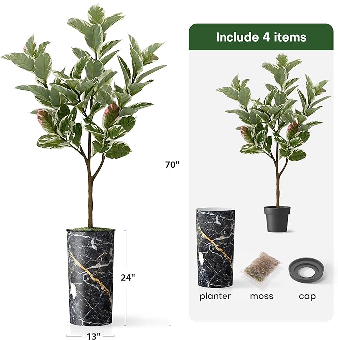 Artificial Tree in Modern Granite Effect Planter, Fake Rubber Silk Tree for Indoor and Outdoor Home Decoration - 70" Overall Tall (Plant Pot Plus Tree)