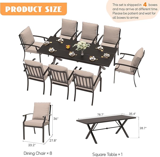 9-Piece Patio Dining Set Outdoor Conversation Set,Metal Outdoor Furniture Set with Umbrella Hole Cut-Out 78.7" x 35.4" Table and 8 Metal Backrest Chairs for Backyard,Garden,Sand