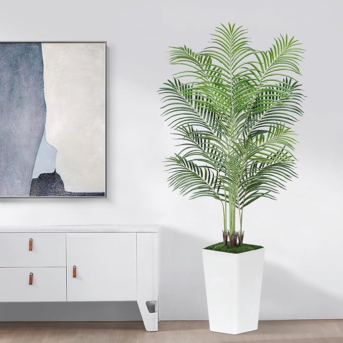 6ft Artificial Palm Tree with White Planter-Tall Artificial Indoor Plants, Fake Tropical Palm Tree, Faux Silk Plants for Home Office Living Room Bedroom Modern Decor