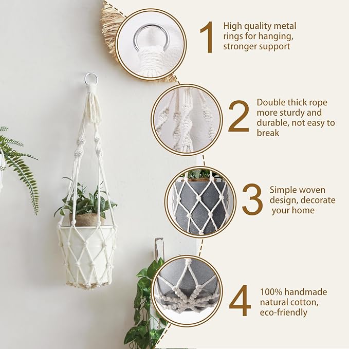 Artilady Macrame Plant Hanger Large Hanging Planter for Indoor Plants Holder White Cotton Rope Hanging Plant Basket Handmade Outdoor Window Boho Plant Wall Decor (White Macrame)