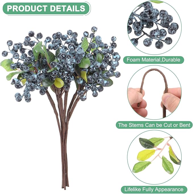 6-Pack Artificial Berry, 9.8 Inch Faux Holly Berry Foam Faux Frosted Berries with Stems for Home/Wedding/Christmas/DIY/Party/Garden/Office [Blueberry]
