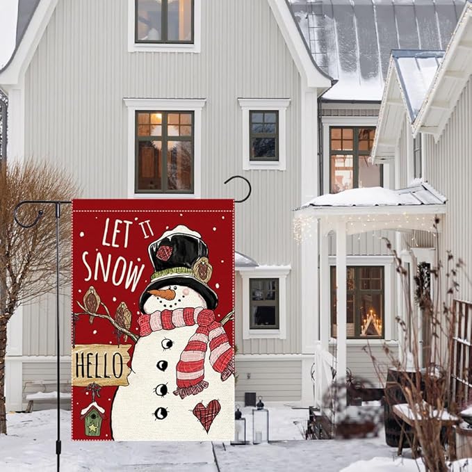 Let It Snow Snowman Snowflake Winter Christmas Garden Flag 12x18 Inch Double Sided Burlap, Cardinal Red Farmhouse Yard Outdoor Decorative Flag (RMQ46)