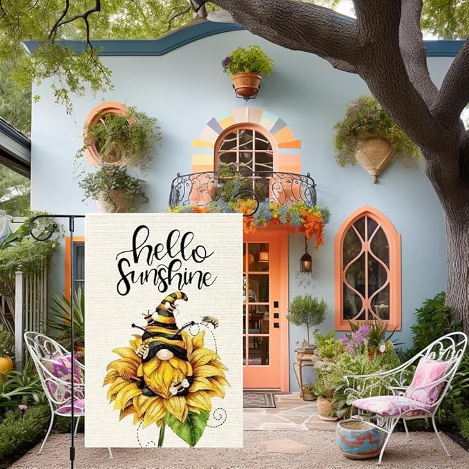 Welcome Sunshine Garden Flag 12x18 Inch Double Sided Small Burlap Gnome Sunflower Garden Flags Decor Home Yard Lawn Holiday Outdoor Decorations