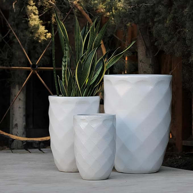PLANTATOREM Medium High Diamond Ceramic Planter Set of 3 - Elegant Design, White Finish, 18 D x 26 H, Suitable for Indoors and Outdoors, Featuring Drainage Holes and Drip Pan