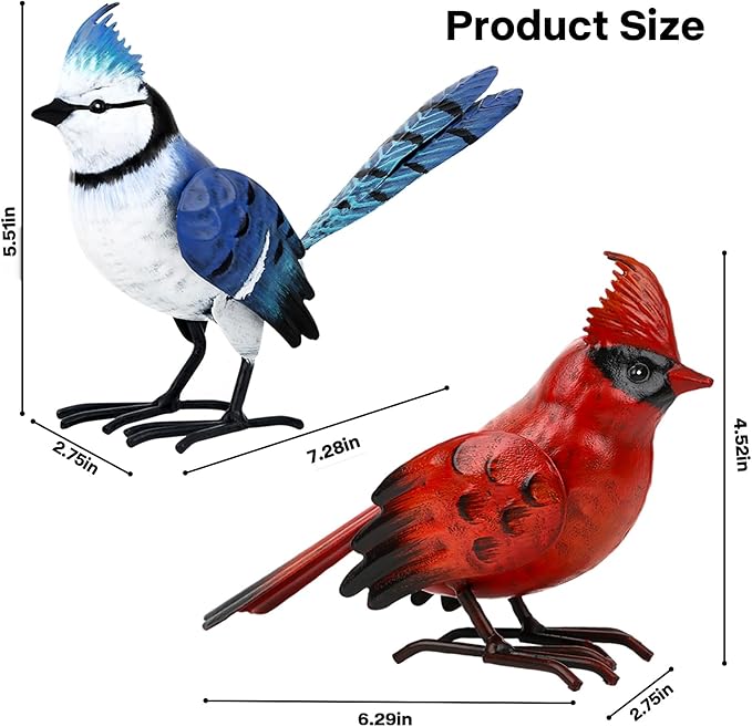 Shorayn Cardinal Decor Garden Statues Metal Bird Yard Art Sculptures,Standing Blue Jay Figurine Outdoor Decoration for Lawn Ornament,Christmas Housewarming Birthday Gifts for Women