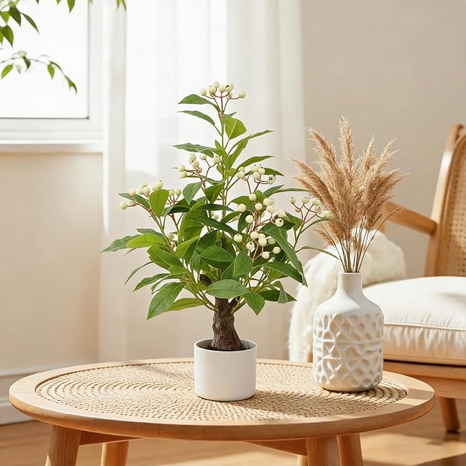 24" Artificial Greenery Tree with Pot, Indoor Fake Green Plant Small Faux Berry Branches Green Potted Tree Stems for Tabletop Desk Office Kitchen Living Room Bedroom Bathroom Home Decor (White Berry)