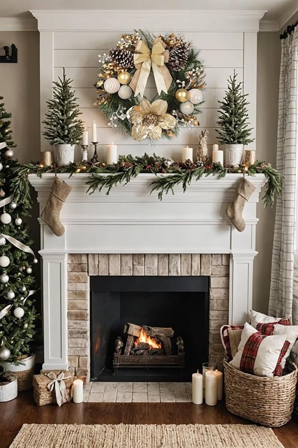 24” Champagne Christmas Wreaths for Front Door with Magnolia Fake Pearl, Christmas Door Wreath with Bow Golden Balls, Pine Needles Pine Cones for Home Wall Window Indoor Outdoor Xmas & Holiday Decor