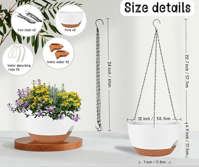 zople 2 Pack 12 Inch Large Hanging Planters with Chains Self Watering White Brown Plastic Hanging Pots for Indoor Outdoor Plants, Garden Porch Home Decor，White Brown