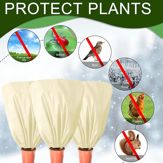 EYNDYN 8 Pcs Plant Covers Frost Protection Bag 39.3" x 39.3" Winter Reusable Plants Jacket with Drawstring Shrub Protection Wraps Bags Frost Blanket for Winter Outdoor Garden Plants