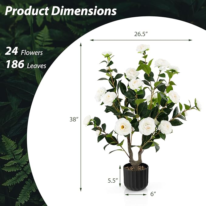 Goplus 38’’ Artificial Camellia Tree, Flower Plants Artificial Tree, Faux Floral Plant Blooming Tree in Cement Pot, Greenery Potted Plant for Indoor Outdoor Office Home Porch Decor