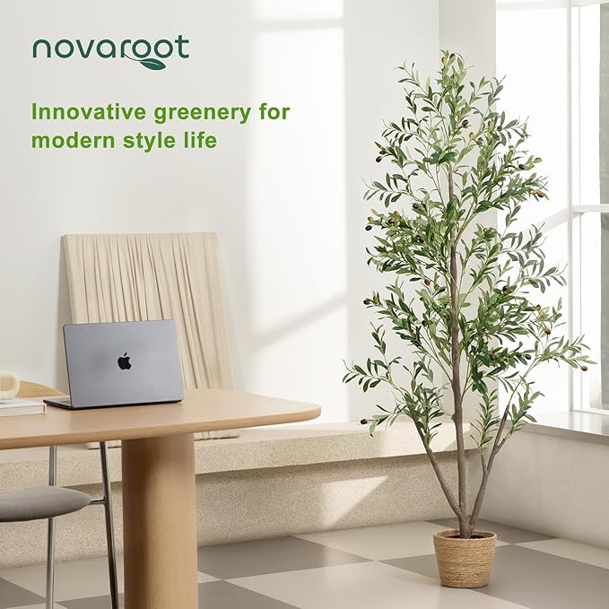 Olive Trees Artificial Indoor, 5FT Tall Faux Olive Tree with Moss and Planter, Artificial Plants Indoor with Natural Wood Trunk and Lifelike Fruits, Fake Tree for Home Office Living Room Decor