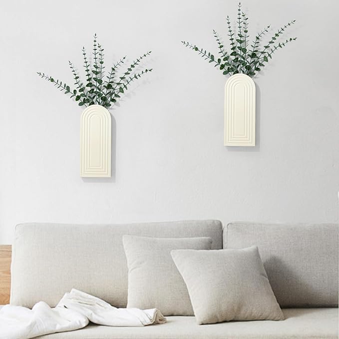 Wooden Wall Planter Vase Set of 2, Boho Hanging Planter for Indoor Plants & Flowers, Natural Wood Wall-Mounted Planters for Art Home Decor - Living Room, Bedroom, Bathroom, Patio (White)