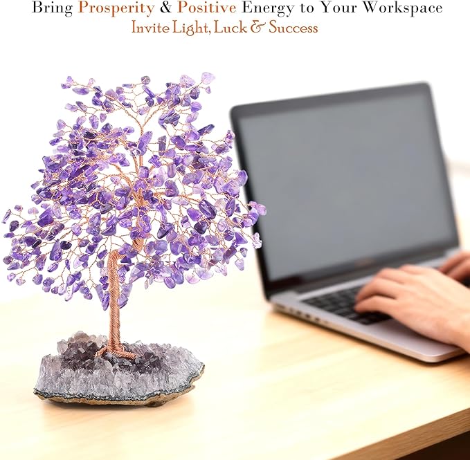 MASGEMES Natural Gemstone(406 Stone Count) Amethyst Crystal Tree of Life,Chakra Balancing Positive Enegy Fengshui Decor Bonsai Money Tree,Good Luck Spiritual Gift Height 8.5-9 Inches