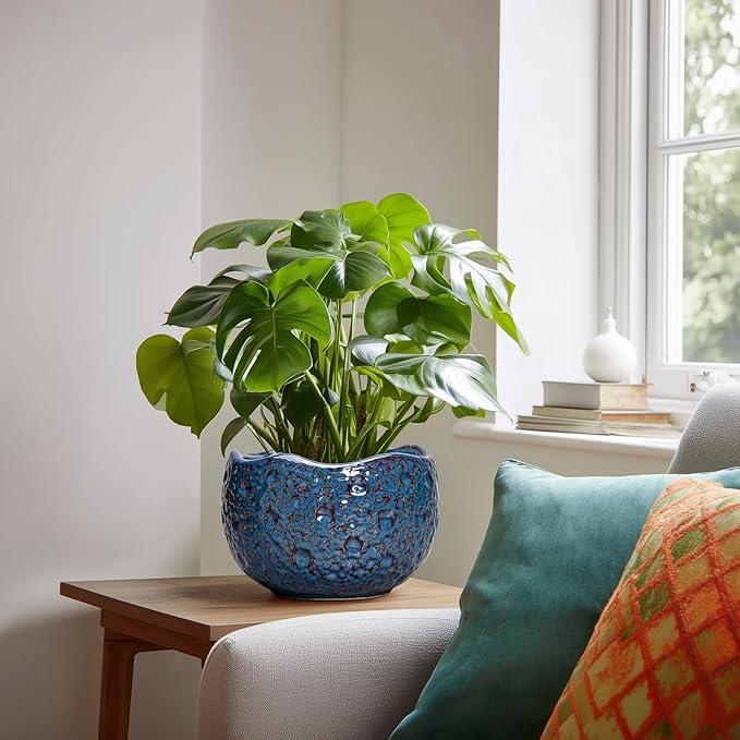 Thirtypot 8 Inch Plant Pot - Ceramic Planter for Indoor Outdoor Plants, Round Unique Plant Pots with Drainage Hole, Modern Decorative Flower Pots, Home Decor, Gifts for Plants Lovers, Retro Blue