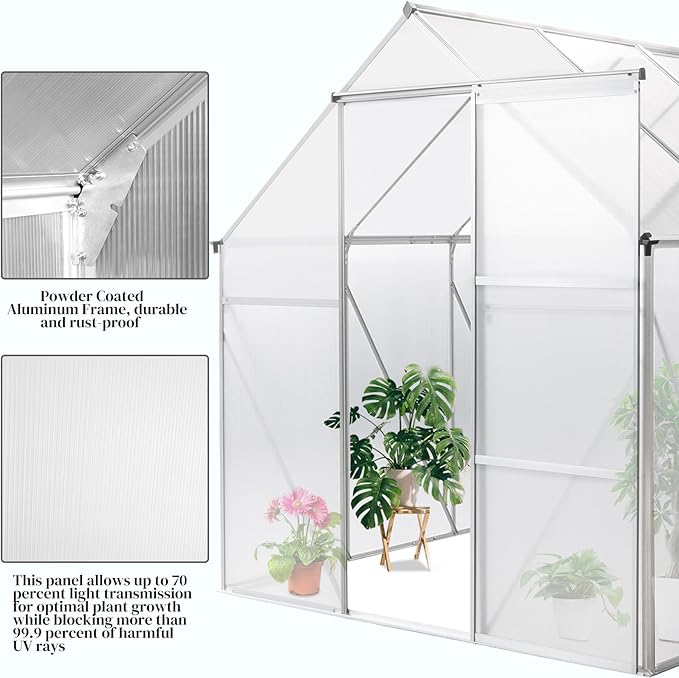VINGLI 8x6 FT Greenhouse for Outdoors, Aluminum Large Polycarbonate Greenhouse with 5 Roof Vents for Outside Garden Backyard, Easy Setup, Silver