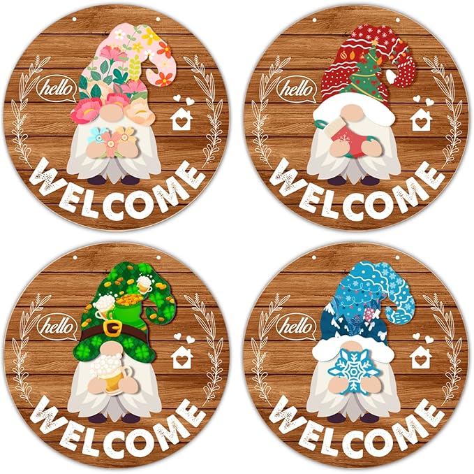 Interchangeable Gnome Welcome Sign Valentine's Day Porch Decor, Changeable Wooden Gnomes Front Door Decoration Wreath Hanger for Spring Summer Fall Winter All Seasons Holiday, Red Brown