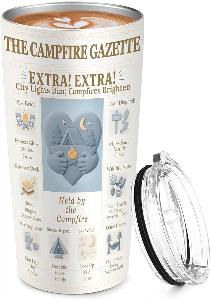 SNUGLYZEN Camping Tumbler 20 oz Stainless Steel Travel Cup with Lid, Vintage Camp Newspaper Design, Tent & Trees Night Sky Art, Outdoor Coffee Mug, Gift for Campers Men Women