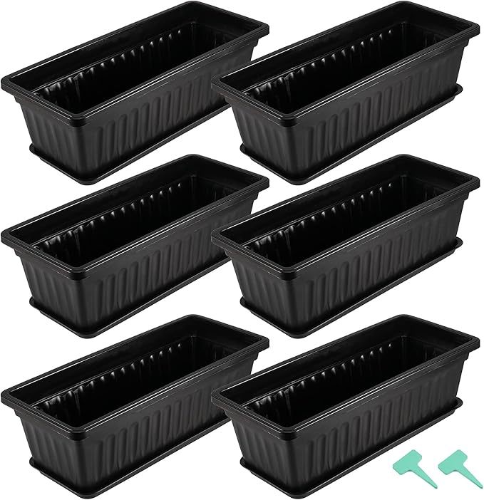 HAKZEON 6 Pack 17 Inches Plastic Flower Box Planters with Trays, Countryside Flower Window Boxes with 30 Plant Labels, Black Rectangular Vegetable Planters for Windowsill, Porch, Balcony, Garden