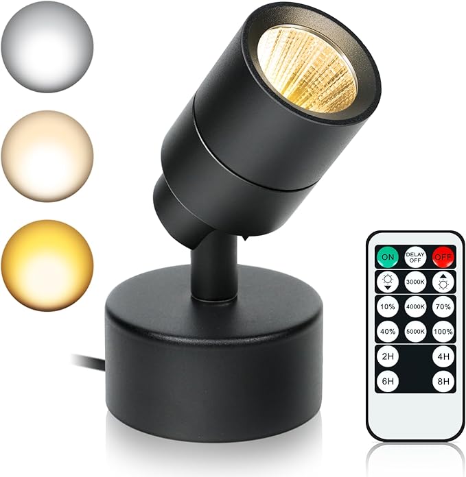 LED Spotlights Indoor, 5W Plants Uplighting with Remote Control Dimmable & Timer, Uplights Indoor Floor Spot Lights for Painting, Picture, Artwork, Accent Stick on Wall Light with 5.9 FT Plug Cord