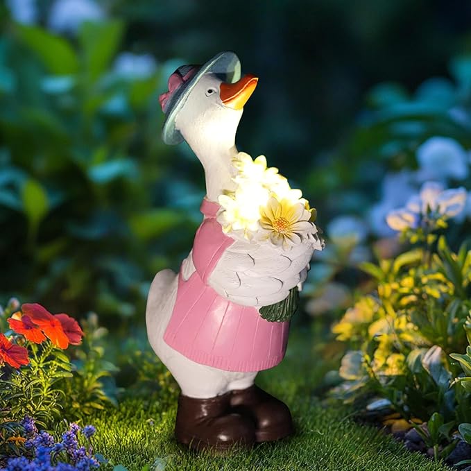 Solar Porch Goose Garden Statue with Glowing Flower, 11.5" Solar Duck Garden Decor for Outdoor, Waterproof Animal Figurine with Auto Light for Yard Lawn Patio - Unique Gift for Mom Grandma Women