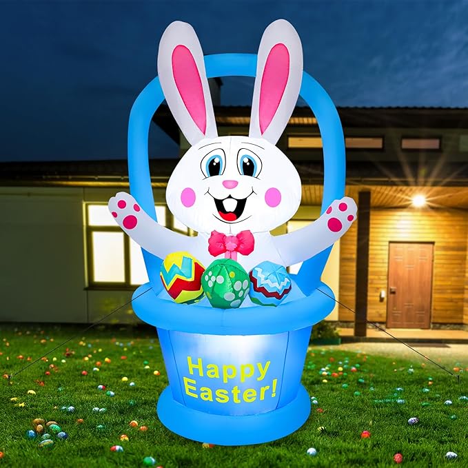 5 Ft Easter Inflatables Yard Decorations, Blow up Easter Bunny with LED Lights Basket Light up Outdoor Decor for Holiday Party Indoor Outdoor Garden Lawn