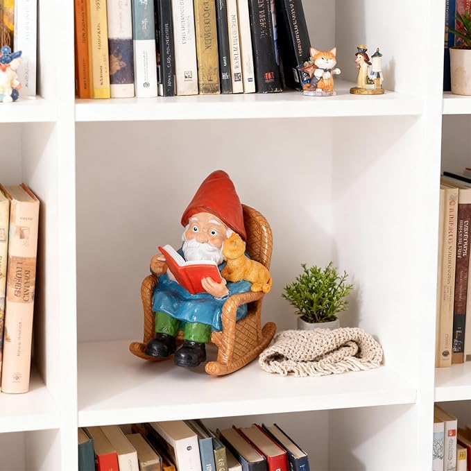 Garden Gnome Statue – Resin Gnome Figurine Reading Book Sculpture with Cat, Hand-Painted Outdoor Decoration for Patio, Lawn, Yard, or Porch, Whimsical Garden Ornament Gift