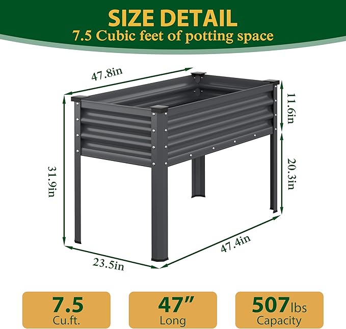 MUPATER Galvanized Steel Raised Garden Bed with Legs, 48" L x 24" W x 32" H Large Metal Elevated Raised Planter Box with Detachable Black Liner for Backyard, Garden, Balcony, Gray
