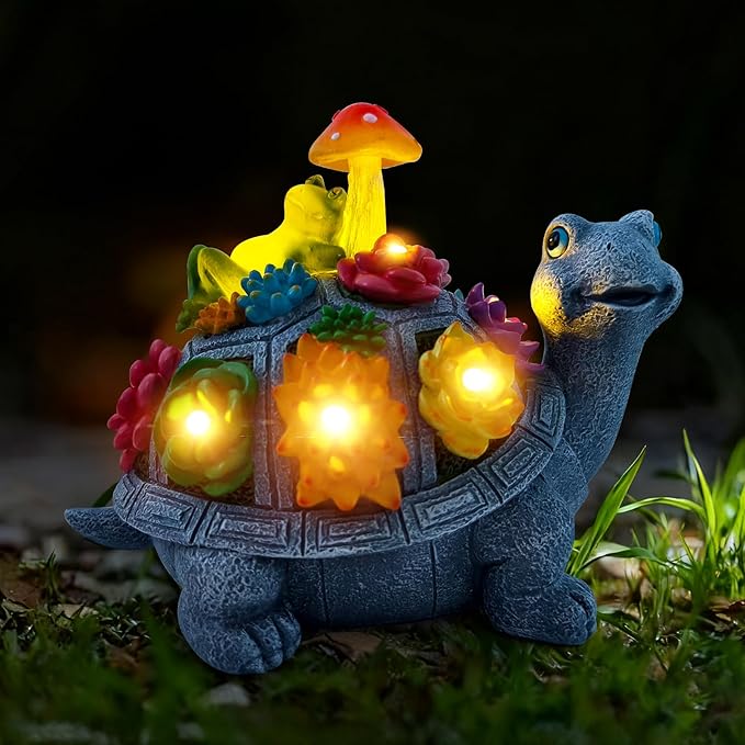 CNPOLOOK Solar Garden Outdoor Statues Turtle with Succulent and 9 LED Lights - Lawn Decor Tortoise Statue for Patio, Balcony, Yard Ornament - Unique Housewarming Gifts（8.5 Inch）