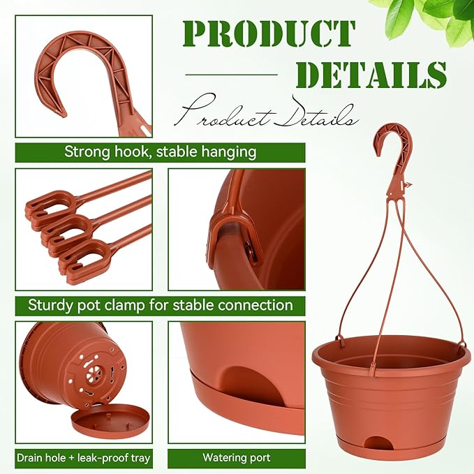 Roshtia 10 Pcs 10 Inch Hanging Baskets for Plants Large Plastic Hanging Basket Pots with Drainage Trays Self Watering Planter Pots for Outdoor Indoor Plants Flowers Garden Balcony (Brown)