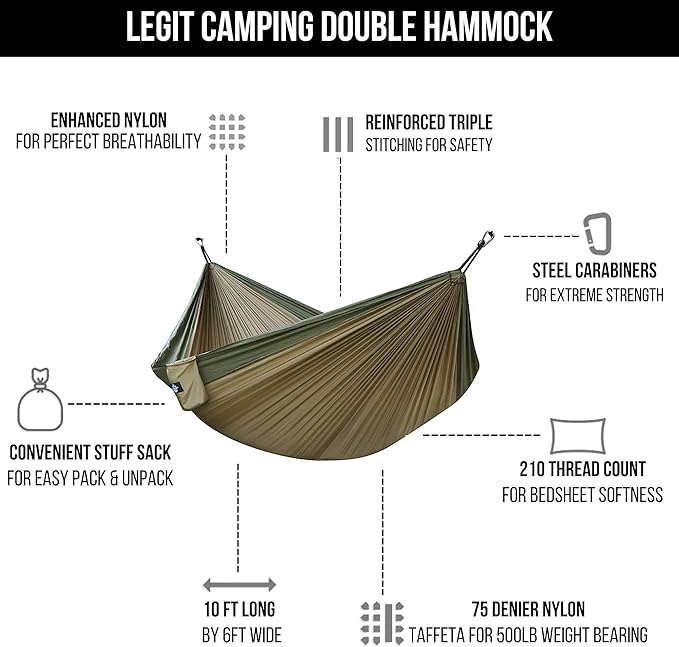Legit 2 Person Camping Hammock - Double Tree Hammock - Portable & Heavy Duty - Perfect for Outdoor & Travel