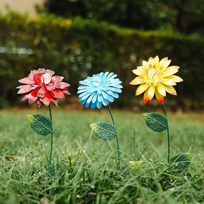 Voltogar 3 Pack Flowers Garden Stake Decoration Glow in Dark for Outdoor, Water-Proof Metal Flowers Ornament for Lawn Pathway Patio Plant Pot, Flower Bed Decor Red, Yellow & Blue, 16" H