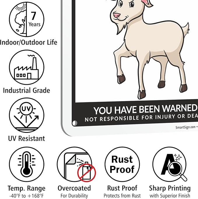 SmartSign Funny Beware Of Goats Warning Sign - 10"x7", 40 mil Laminated Rust-free Aluminum - Metal Signs for Wall Decor, Outdoors, Patio, Gifts, Cafe - Goats Theme, Made in USA