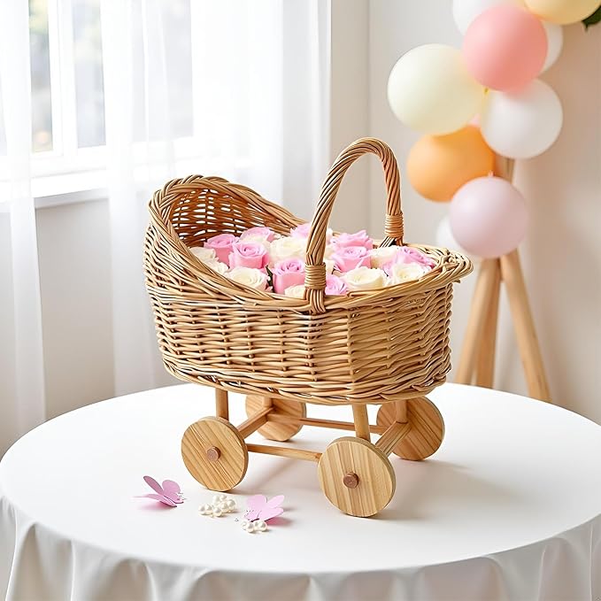 Handmade Wicker Flower Basket Woven Rattan Pushcart Planter Small Stroller Design Fruit Gift Box with Handle for Wedding Baby Shower Centerpiece Candy Storage Home Decor (M)