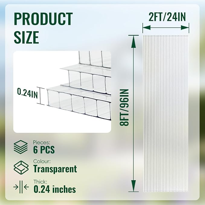 6 Pcs Polycarbonate Greenhouse Panels, 8'FT x 2'FT x 0.24" in Twin-Wall Polycarbonate Sheet, All-Season UV Protected Plastic Roof Sheeting for Greenhouse Covering/Outdoor Garden