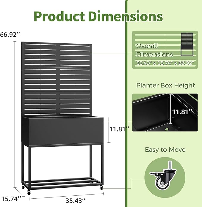 Metal Planter Box with Trellis,67" H x35 W Raised Garden Beds with Privacy Screen for Climbing Plants Flower, Elevated Standing Planter Garden Bed with Drainage Holes for Outdoor Patio,Black