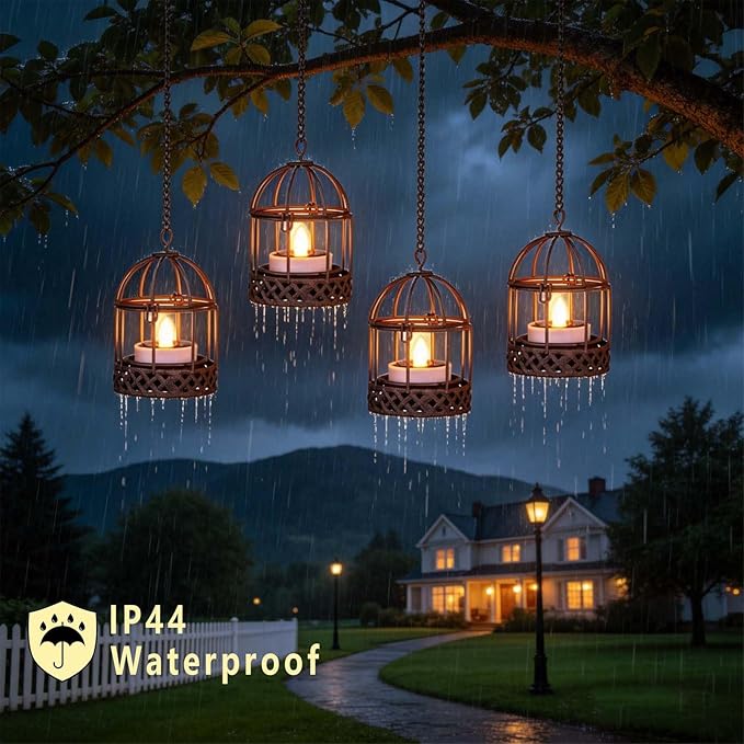 Solar-Hanging-Lanterns-Outdoor-Waterproof, Rust Birdcage Style Candle Holders with Flickering Solar Tea Lights for Backyard Patio Garden Fence Tree Decoration (4 Pack)