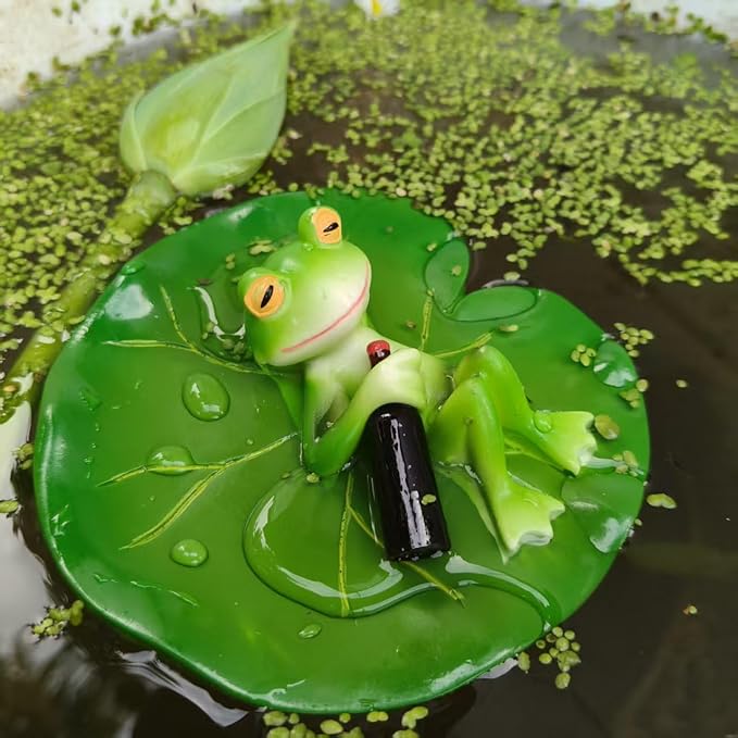 Cute Frog Lotus Leaf Resin Statue Paired with Beer Bottle - Bright Green Outdoor Garden Decoration. Frog Garden Decoration.