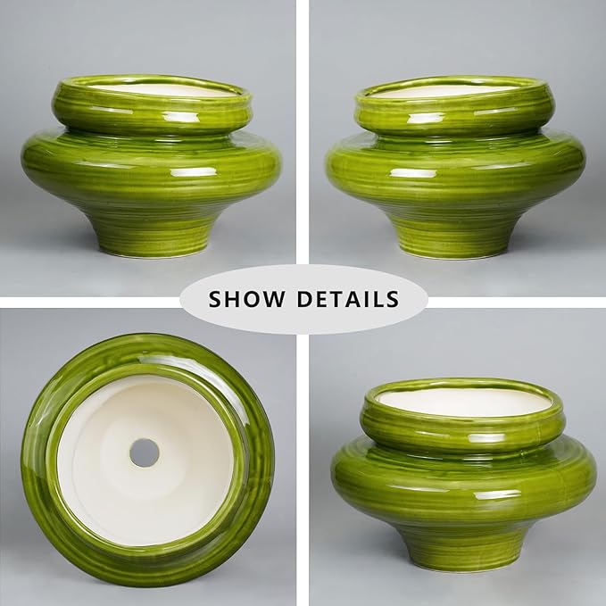 Teagas Ceramic Planters for Indoor Plants 11 Inch - Bonsai Plant Pots Outdoor, Large Planters for Indoor Plants, Green Planter with Drainage Hole, Flower Pot for Garden Decor, Gift for Women Men