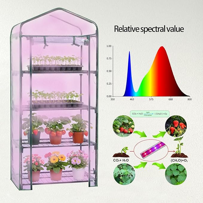 Mini Greenhouse with Grow Light , 4 Tier 27.2" L×19.9" W×61.8" H Portable Greenhouse with Zippered PVC Cover for Seed Starting Trays , Dimmable 2ft 60W Plant Light for Indoor Plant with Timer