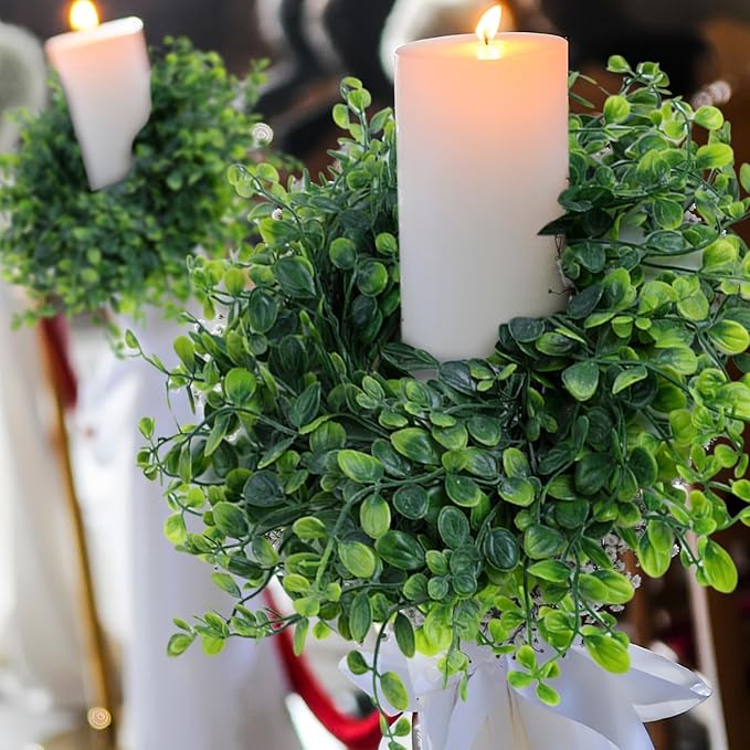 18 Pcs Mini Green Boxwood Candle Rings Wreaths Spring Summer Kitchen Cabinet Swags Wreath 3 Inch Wedding Rings Wreaths Pillar Candle Holder for Wedding Home Door Tabletop Decor