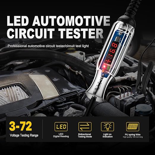WINAMOO Upgraded 3-72V LED Digital Automotive Circuit Tester, DC Voltage Test Light with Voltmeter & Polarity Indicator Light, Vehicle Circuits Low Voltage Light Tester Pen with Sharp Stainless Probe
