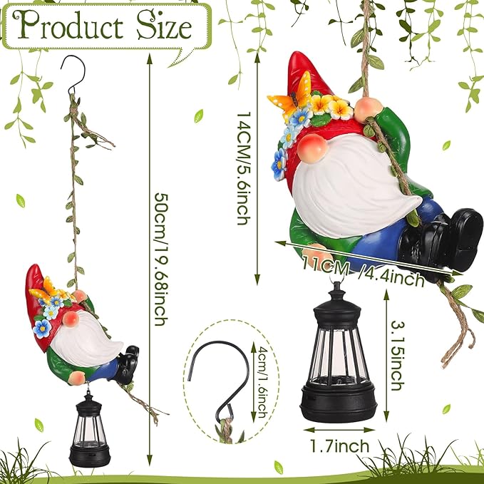 Solar Hanging Gnome Statue 6.3" H Climbing Gnomes with LED Lantern Hook Waterproof Hanging Gnomes Outdoor Decor Tree Yard Porch Wall Decoration Birthday Gift for Mom Women
