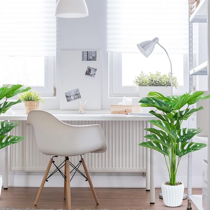 Set of 2 Fake Plants 28" Tall Artificial Monstera Deliciosa with 18 Leaves in White Pot for Home Office Decor